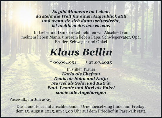 Traueranzeige von Klaus Bellin von Nordkurier Pasewalker Zeitung