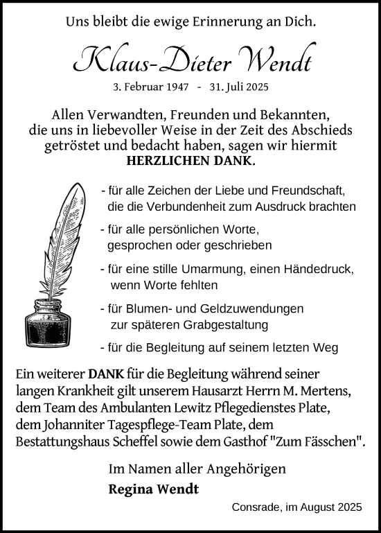 Traueranzeige von Klaus-Dieter Wendt von Zeitung für die Landeshauptstadt
