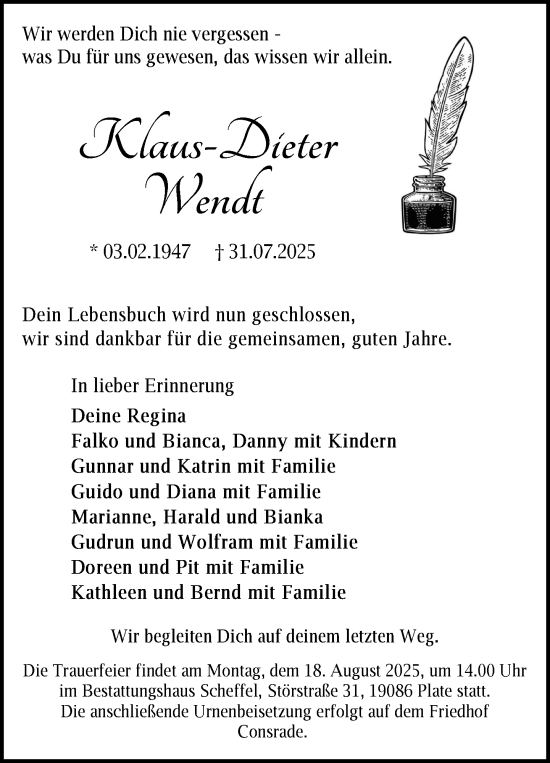 Traueranzeige von Klaus-Dieter Wendt von Zeitung für die Landeshauptstadt