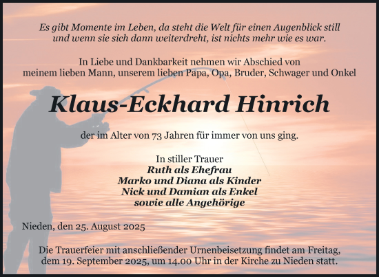 Traueranzeige von Klaus-Eckhard Hinrich von Nordkurier Pasewalker Zeitung
