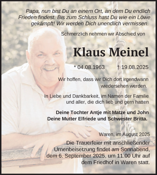 Traueranzeige von Klaus Meinel von Nordkurier Müritz-Zeitung