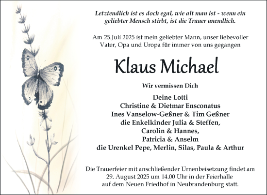 Traueranzeige von Klaus Michael von Nordkurier Neubrandenburger Zeitung