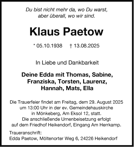 Traueranzeige von Klaus Paetow von Zeitung für die Landeshauptstadt
