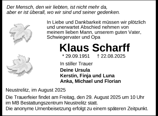 Traueranzeige von Klaus Scharff von Nordkurier Strelitzer Zeitung