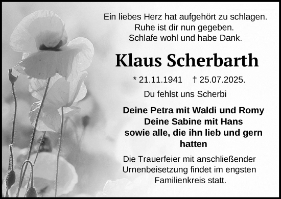 Traueranzeige von Klaus Scherbarth von Zeitung für die Landeshauptstadt