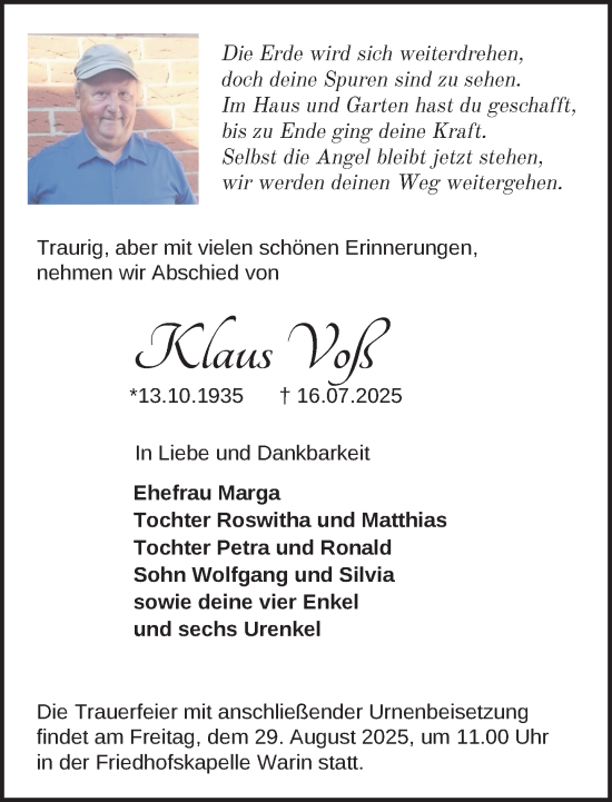 Traueranzeige von Klaus Voß von Anzeiger für Sternberg - Brüel - Warin