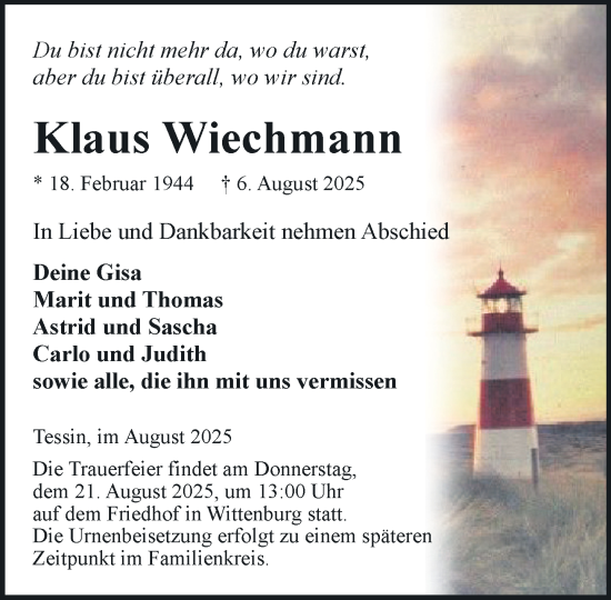 Traueranzeige von Klaus Wiechmann von Hagenower Kreisblatt