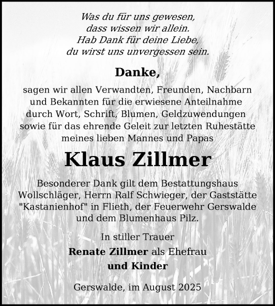Traueranzeige von Klaus Zillmer von Uckermark Kurier Templiner Zeitung