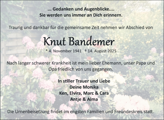 Traueranzeige von Knut Bandemer von Nordkurier Neubrandenburger Zeitung