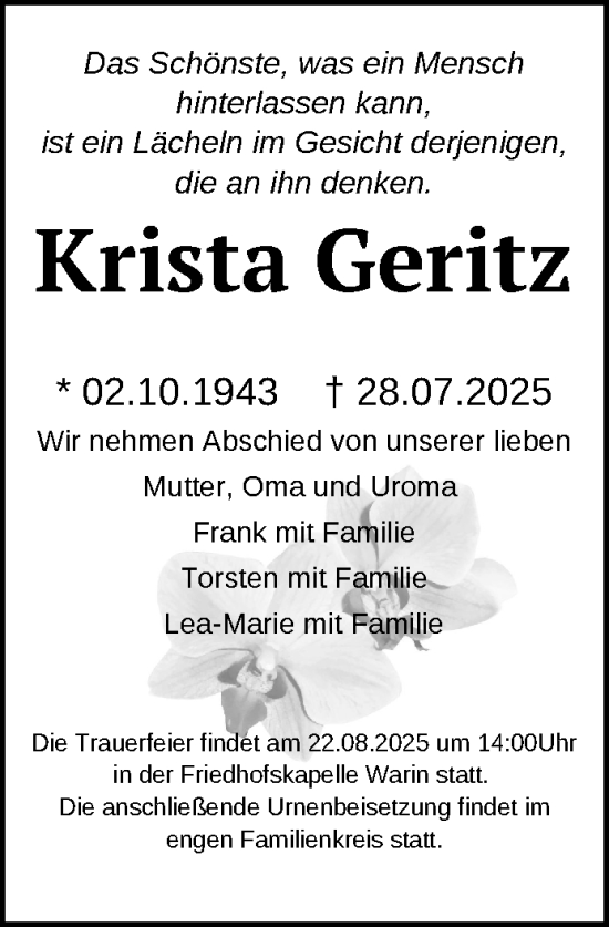Traueranzeige von Krista Geritz von Anzeiger für Sternberg - Brüel - Warin