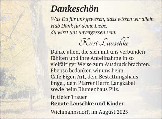 Traueranzeige von Kurt Lauschke von Uckermark Kurier Templiner Zeitung