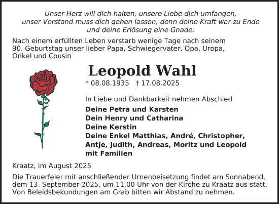 Traueranzeige von Leopold Wahl von Uckermark Kurier Prenzlauer Zeitung
