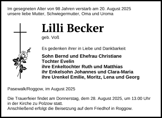 Traueranzeige von Lilli Becker von Nordkurier Pasewalker Zeitung