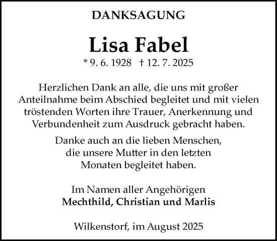 Traueranzeige von Lisa Fabel von Hagenower Kreisblatt