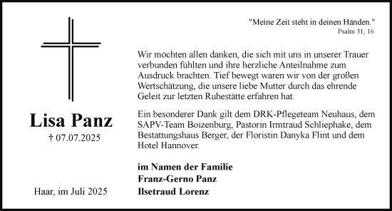 Traueranzeige von Lisa Panz von Hagenower Kreisblatt