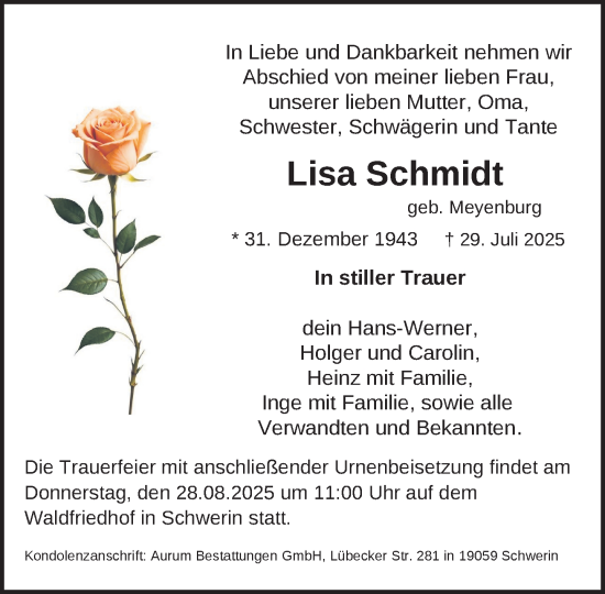 Traueranzeige von Lisa Schmidt von Zeitung für die Landeshauptstadt