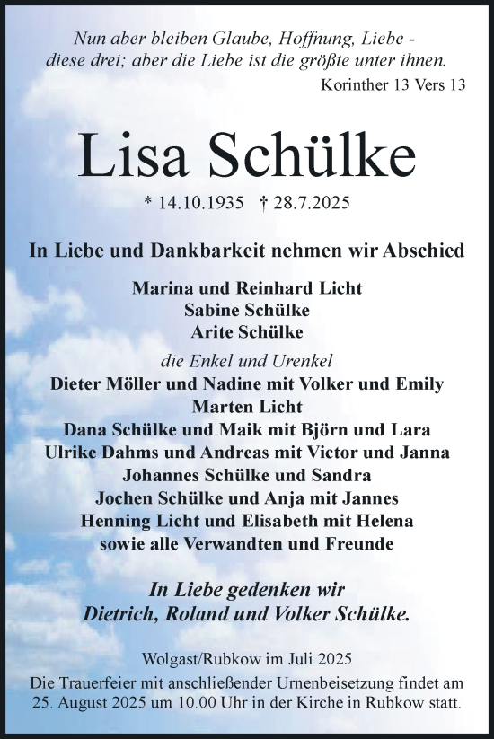 Traueranzeige von Lisa Schülke von Nordkurier Vorpommern Kurier
