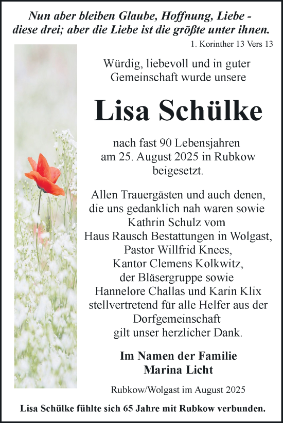 Traueranzeige von Lisa Schülke von Nordkurier Vorpommern Kurier