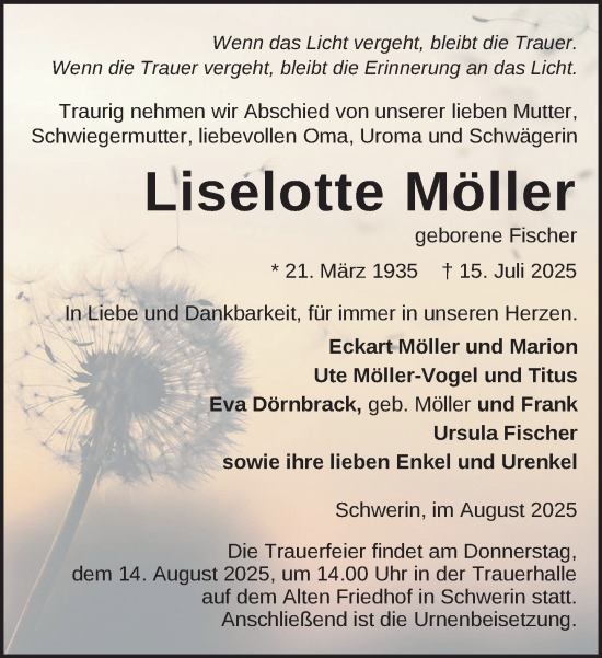 Traueranzeige von Liselotte Möller von Zeitung für die Landeshauptstadt