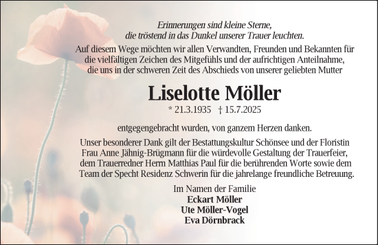 Traueranzeige von Liselotte Möller von Zeitung für die Landeshauptstadt