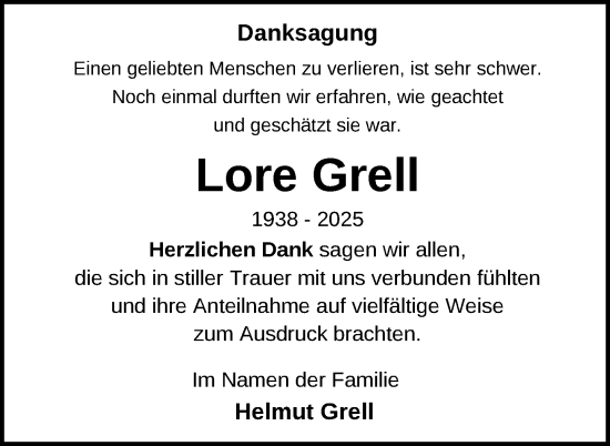 Traueranzeige von Lore Grell von Nordkurier Strelitzer Zeitung