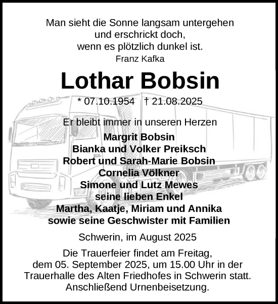 Traueranzeige von Lothar Bobsin von Zeitung für die Landeshauptstadt