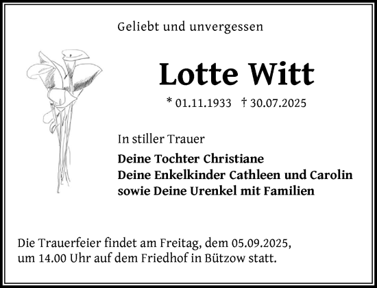 Traueranzeige von Lotte Witt von Güstrow und Bützow