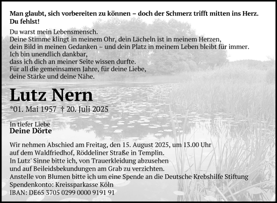 Traueranzeige von Lutz Nern von Uckermark Kurier Templiner Zeitung