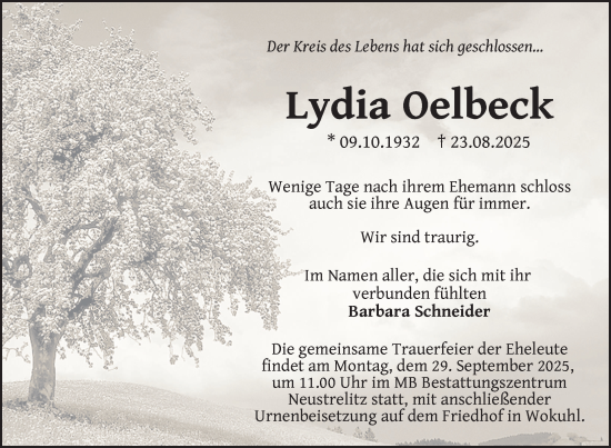 Traueranzeige von Lydia Oelbeck von Nordkurier Strelitzer Zeitung