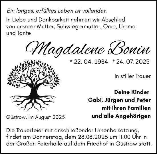 Traueranzeige von Magdalene Bonin von Zeitung für die Landeshauptstadt