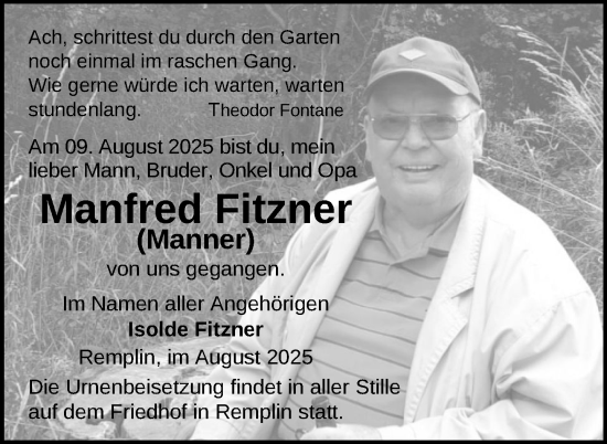 Traueranzeige von Manfred Fitzner von Nordkurier Mecklenburger Schweiz