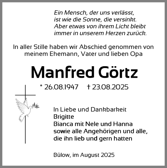 Traueranzeige von Manfred Görtz von Gadebusch - Rehnaer Zeitung