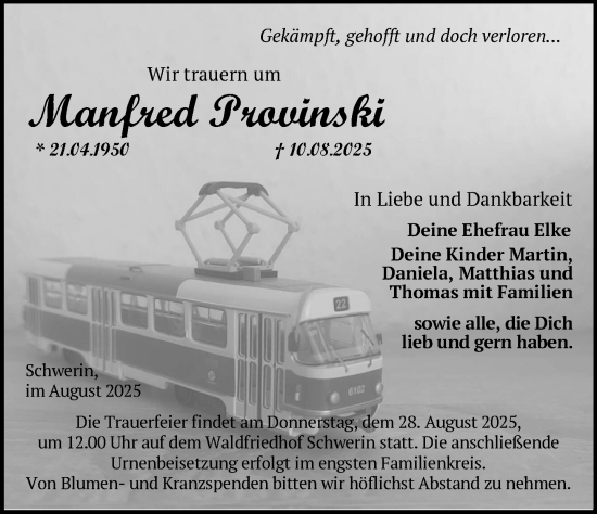 Traueranzeige von Manfred Provinski von Zeitung für die Landeshauptstadt