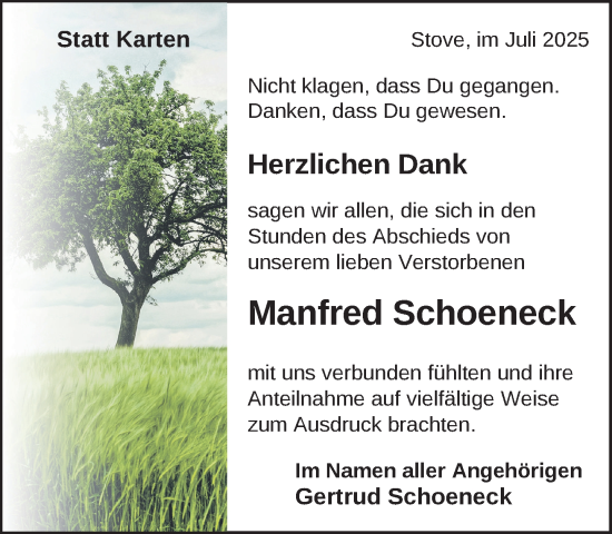 Traueranzeige von Manfred Schoeneck von Gadebusch - Rehnaer Zeitung