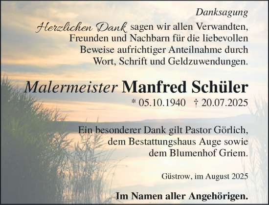 Traueranzeige von Manfred Schüler von Güstrow und Bützow