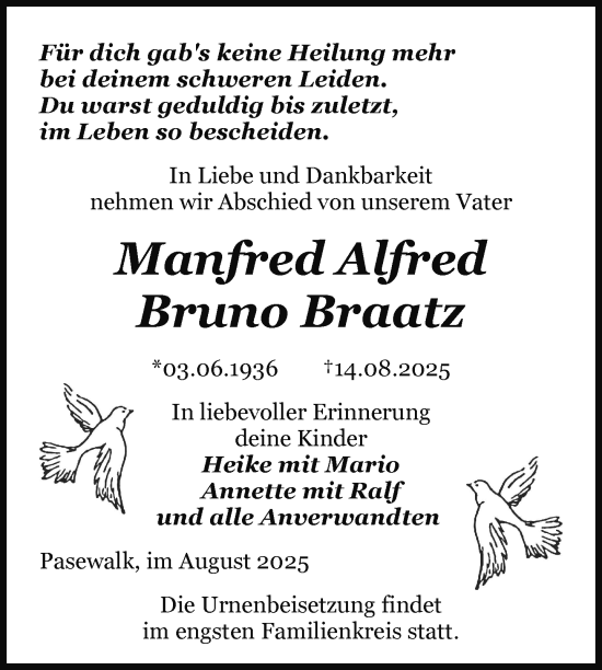 Traueranzeige von Manfred Alfred Bruno Braatz von Nordkurier Pasewalker Zeitung