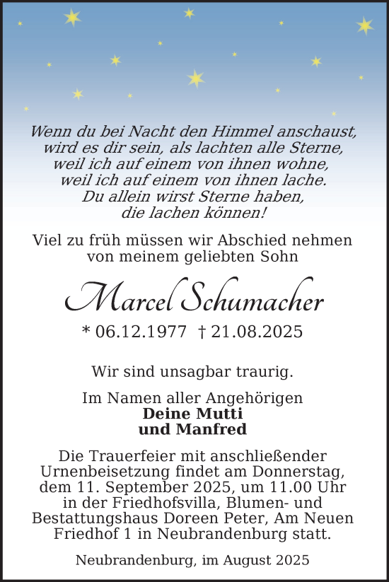 Traueranzeige von Marcel Schumacher von Nordkurier Neubrandenburger Zeitung