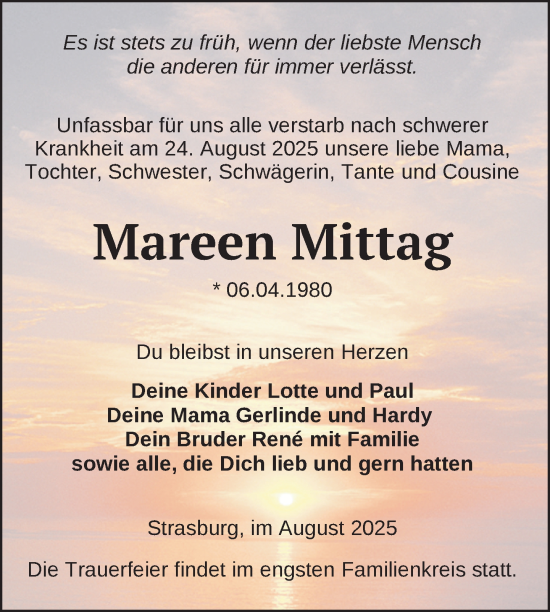Traueranzeige von Mareen Mittag von Nordkurier Pasewalker Zeitung
