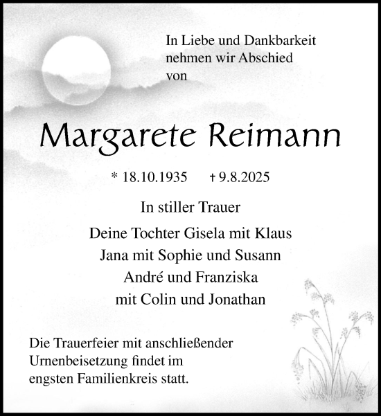 Traueranzeige von Margarete Reimann von Norddeutsche Neueste Nachrichten