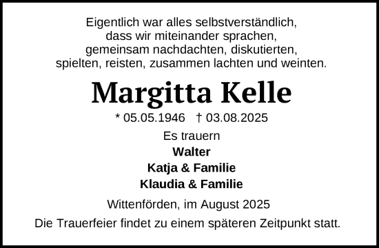 Traueranzeige von Margitta Kelle von Zeitung für die Landeshauptstadt