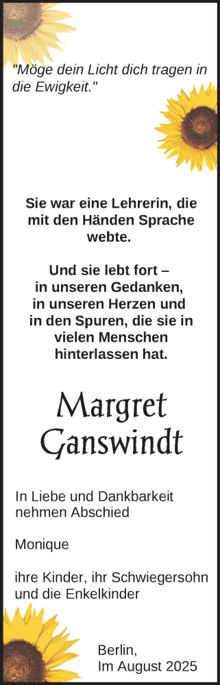 Traueranzeige von Margret Ganswindt von Uckermark Kurier Templiner Zeitung