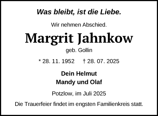 Traueranzeige von Margrit Jahnkow von Uckermark Kurier Prenzlauer Zeitung