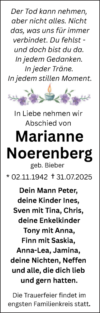Traueranzeige von Marianne Noerenberg von Nordkurier Vorpommern Kurier
