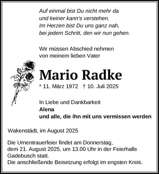 Traueranzeige von Mario Radke von Gadebusch - Rehnaer Zeitung