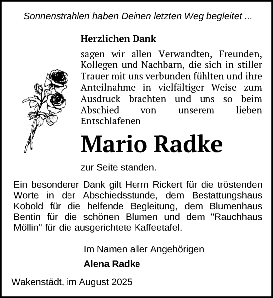 Traueranzeige von Mario Radke von Gadebusch - Rehnaer Zeitung