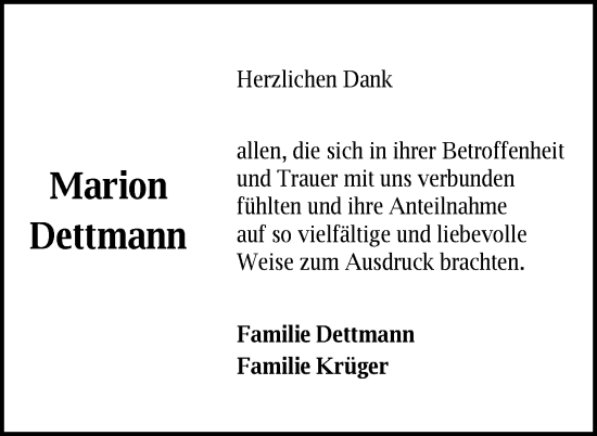 Traueranzeige von Marion Dettmann von Nordkurier Pasewalker Zeitung