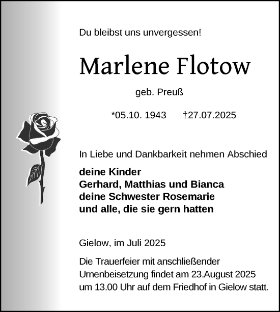 Traueranzeige von Marlene Flotow von Nordkurier Mecklenburger Schweiz