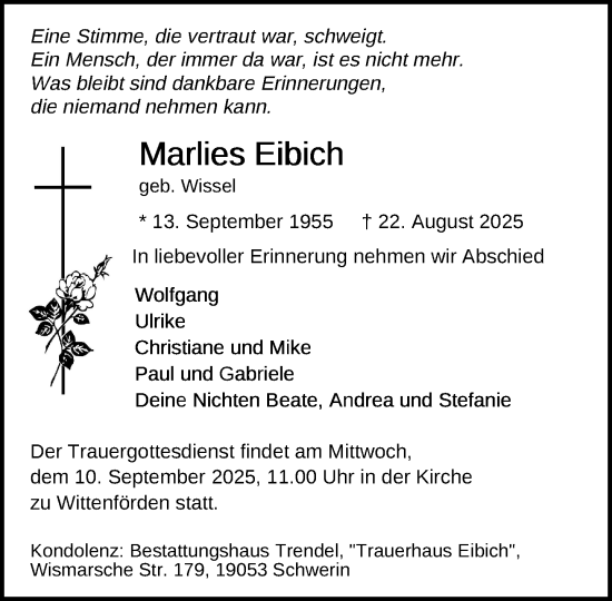 Traueranzeige von Marlies Eibich von Zeitung für die Landeshauptstadt