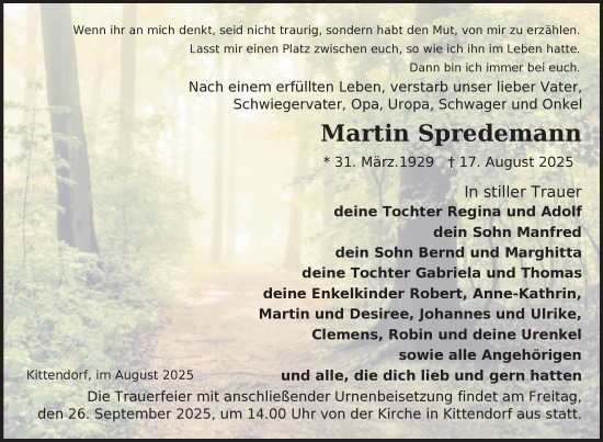 Traueranzeige von Martin Spredemann von Nordkurier Mecklenburger Schweiz