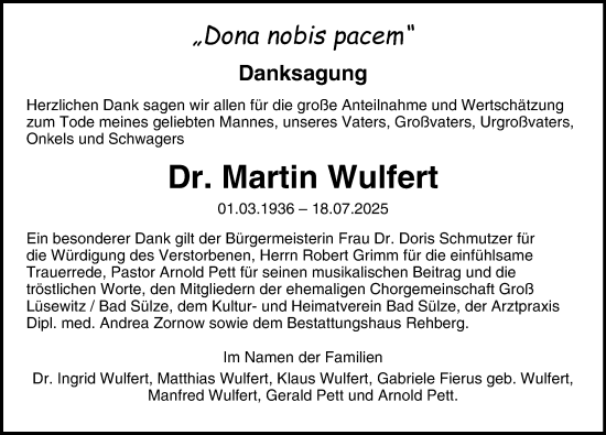 Traueranzeige von Martin Wulfert von Norddeutsche Neueste Nachrichten
